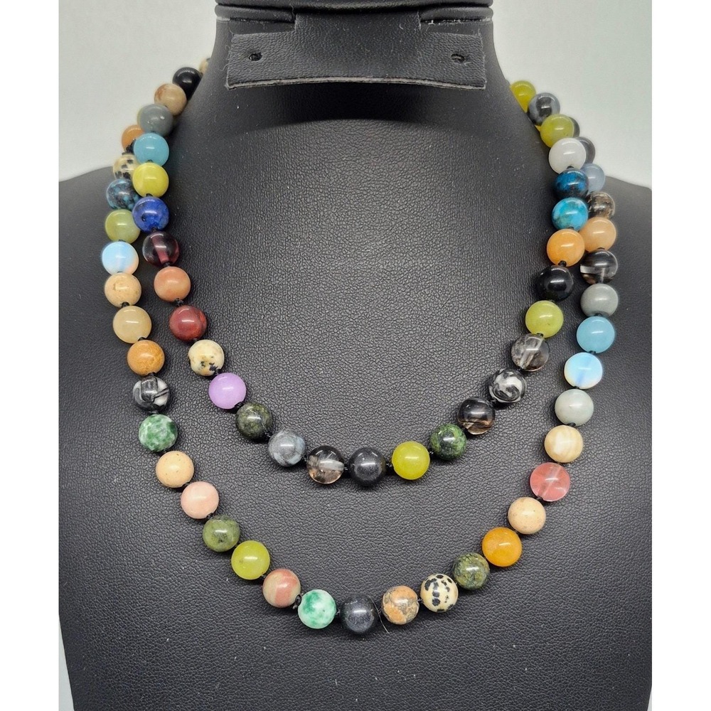 Vintage Mixed Gemstone Bead Necklace Multi Color Knotted Yellow Jade 30"